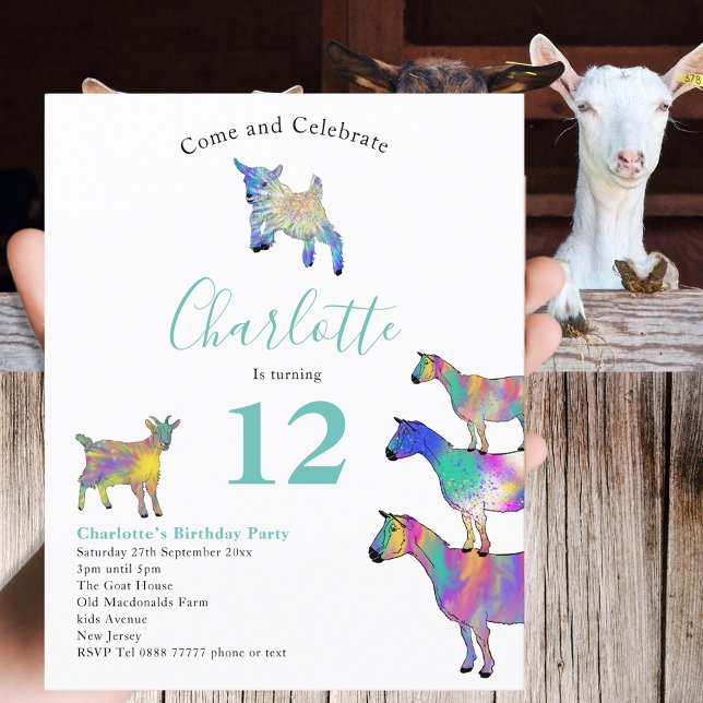 Colourful Goats Farm Animal Birthday Party (Cute goats colorful farm animal art 12th birthday party budget invitation  )