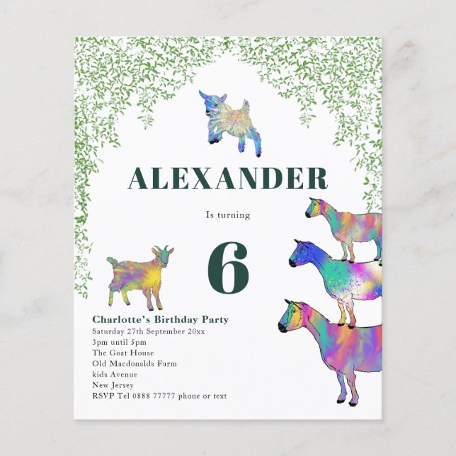 Colourful Goats Greenery Birthday Party Budget Flyer (Front)