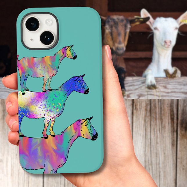Colourful Goats watercolor Case-Mate iPhone Case (Goats climbing on things colorful goat illustration mobile phone case with personalized name)