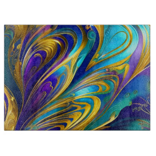 Colourful Gold Abstract Blue Purple Ribbons Cutting Board