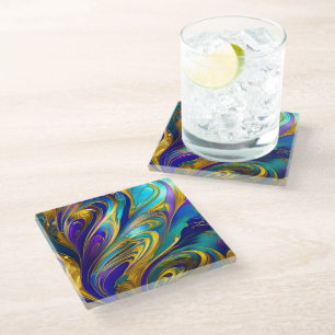 Colourful Gold Abstract Blue Purple Ribbons Glass Coaster