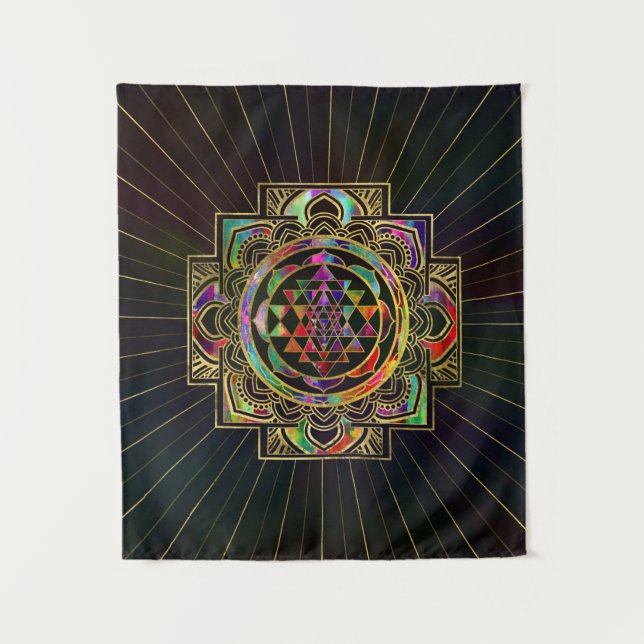 Colourful Gold framed Sri Yantra Sri Chakra Tapestry (Front)