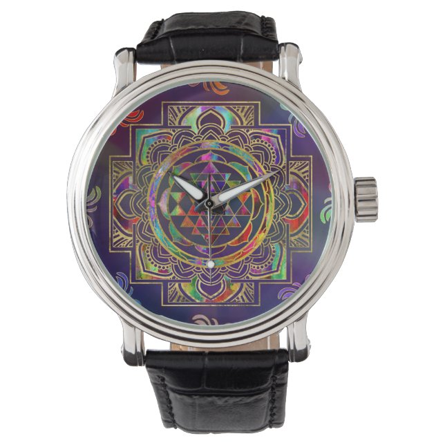 Colourful Gold framed Sri Yantra Sri Chakra Watch (Front)