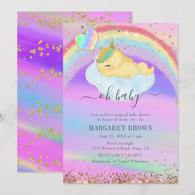 Colourful Gold Glitter Sleeping Unicorn Baby Showe Invitation (Front/Back)