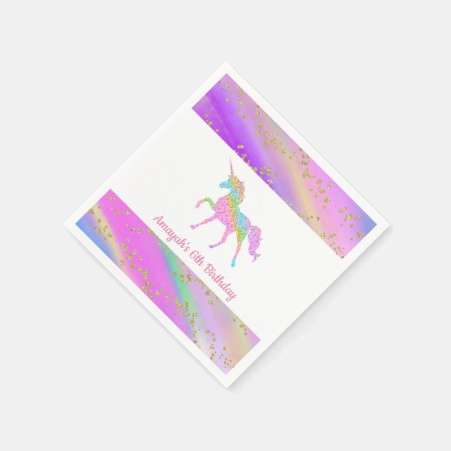 Colourful Gold Glitter Speckled Unicorn Birthday Napkin (Corner)