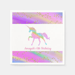 Colourful Gold Glitter Speckled Unicorn Birthday Napkin