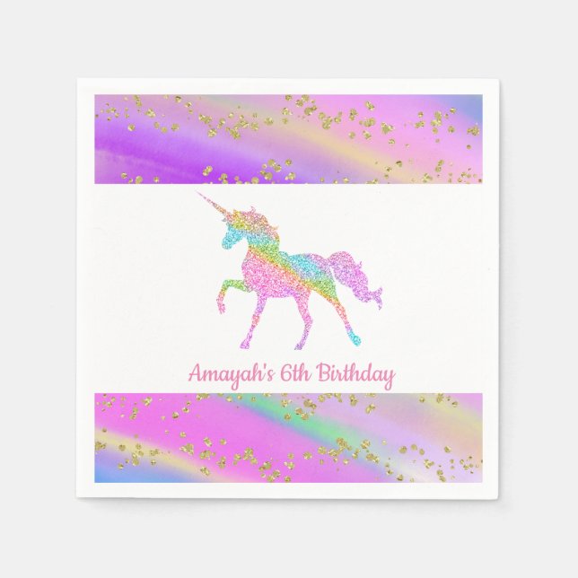 Colourful Gold Glitter Speckled Unicorn Birthday Napkin (Front)