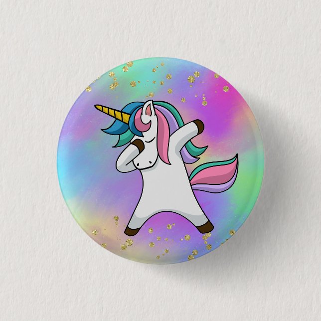 Colourful Gold Speckled Magical Dabbing Unicorn 1 Inch Round Button (Front)