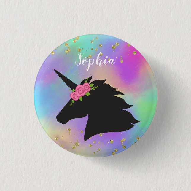 Colourful Gold Speckled Personalized Unicorn 1 Inch Round Button (Front)