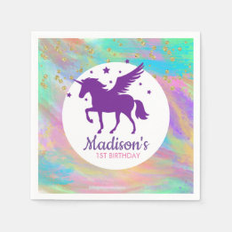 Colourful Gold Speckled Purple Unicorn Birthday Napkin