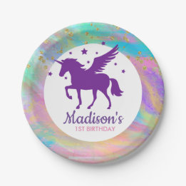 Colourful Gold Speckled Purple Unicorn Birthday Paper Plate