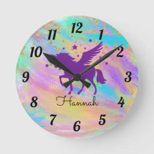 Colourful Gold Speckled Purple Unicorn Round Clock