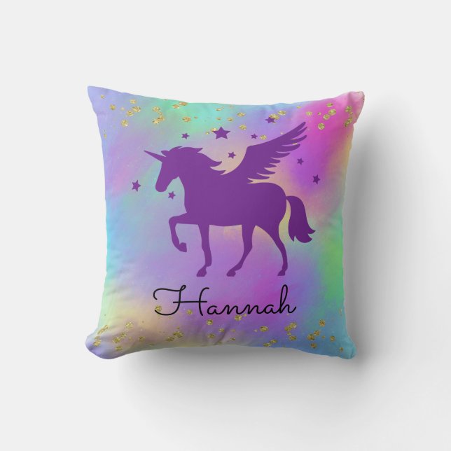 Colourful Gold Speckled Purple Unicorn Throw Pillow (Front)