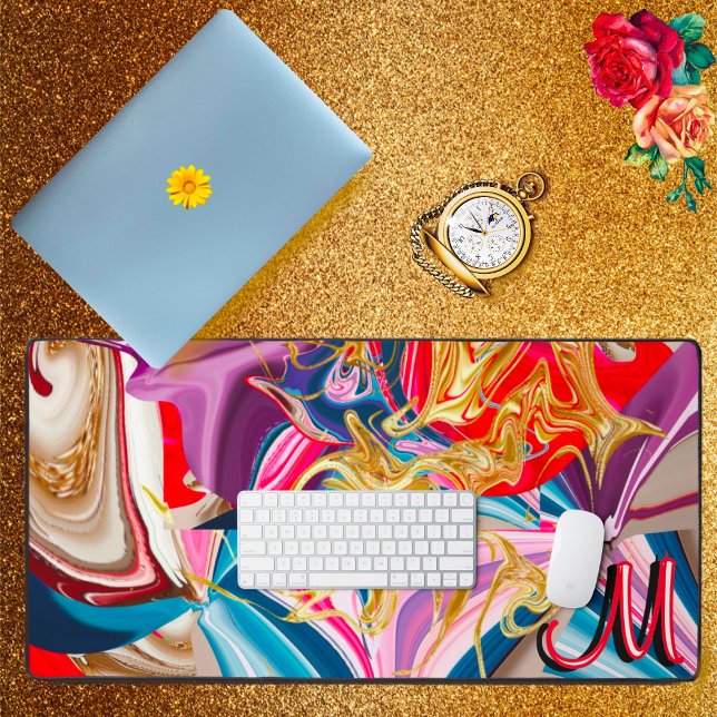 Colourful Gold Swirl Smoke Monogram Liquid Abstrac Desk Mat (Creator Uploaded)