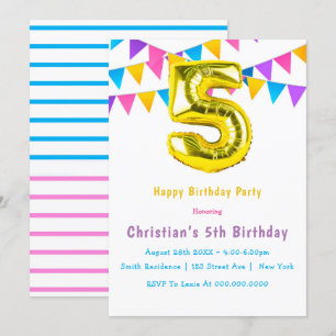 Colourful Golden 5th Birthday Invitations