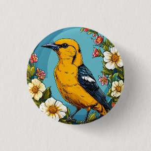 Colourful Golden oriole Bird Amid Blooming Flowers 1 Inch Round Button