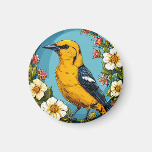 Colourful Golden oriole Bird Amid Blooming Flowers Magnet