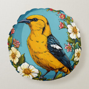 Colourful Golden oriole Bird Amid Blooming Flowers Round Pillow