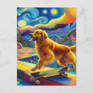 Colourful Golden Retriever Skateboarding Van Gogh Postcard