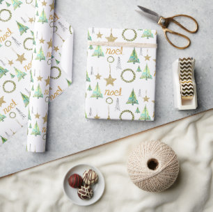 Colourful Golden Stars Pine Tree Watercolor Patter Wrapping Paper