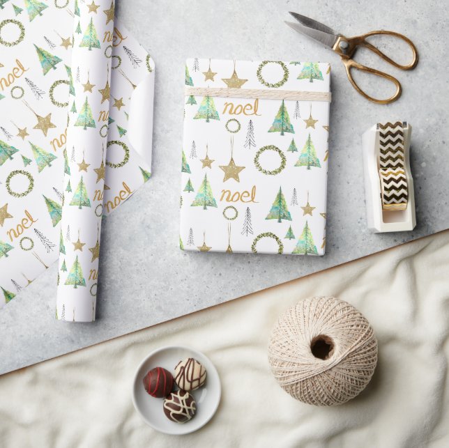 Colourful Golden Stars Pine Tree Watercolor Patter Wrapping Paper (Crafts)