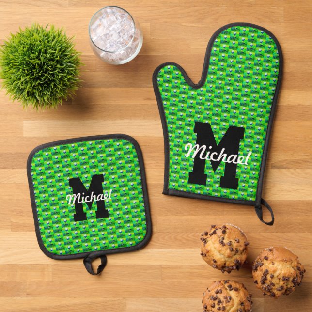 Colourful Golf Pattern Monogram Tee Off Name Sport Oven Mitt & Pot Holder Set (Top Down)