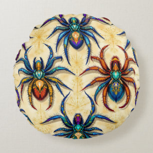 Colourful Gothic Spider Pattern with Webs on white Round Pillow