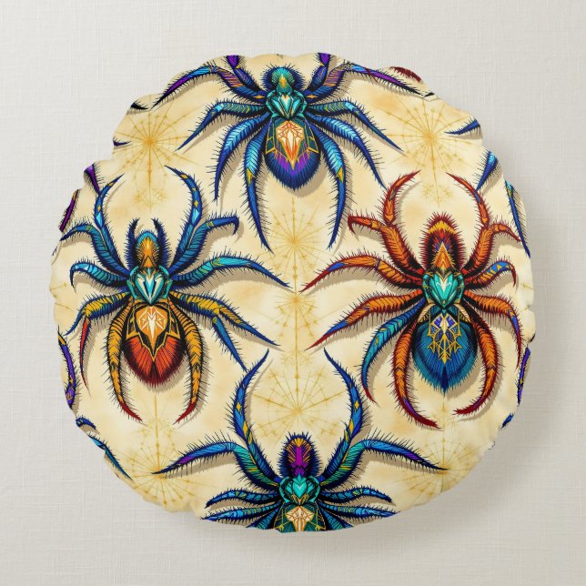 Colourful Gothic Spider Pattern with Webs on white Round Pillow (Front)