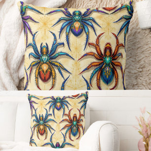 Colourful Gothic Spider Pattern with Webs on white Throw Pillow