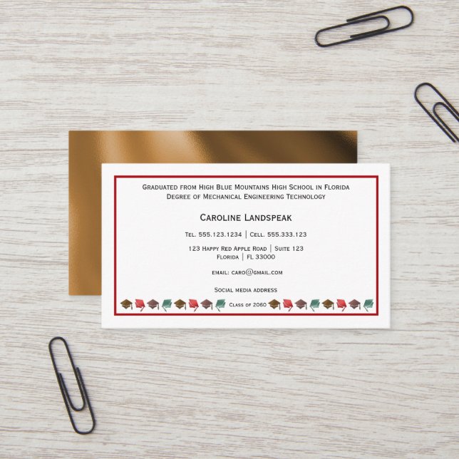 Colourful Graduate Caps Red & White Professional Business Card (Front/Back In Situ)