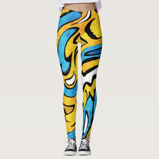 Colourful Graffiti Abstract Black Background Leggings (Front)