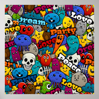 Colourful Graffiti Characters Pattern Poster