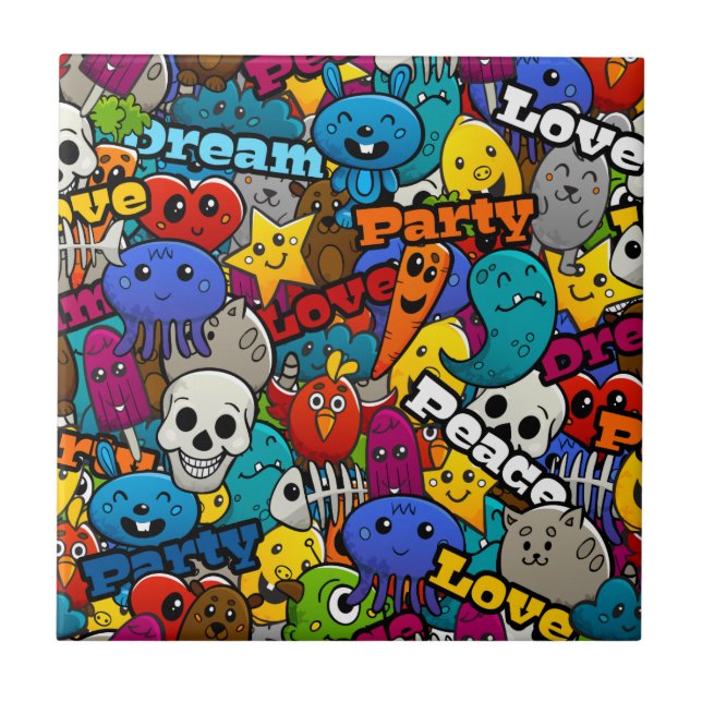 Colourful Graffiti Characters Pattern Tile (Front)