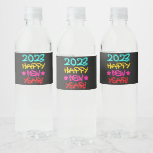 Colourful Graffiti Happy New Year 2023 in Retro Water Bottle Label