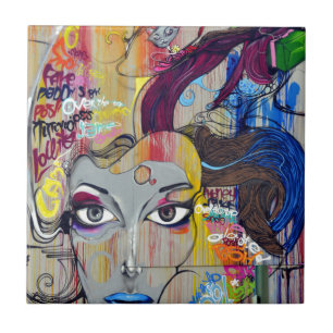Colourful Graffiti of Woman with Tags Tile