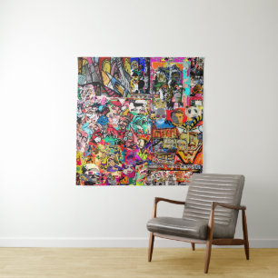 Colourful graffiti wall collage tapestry