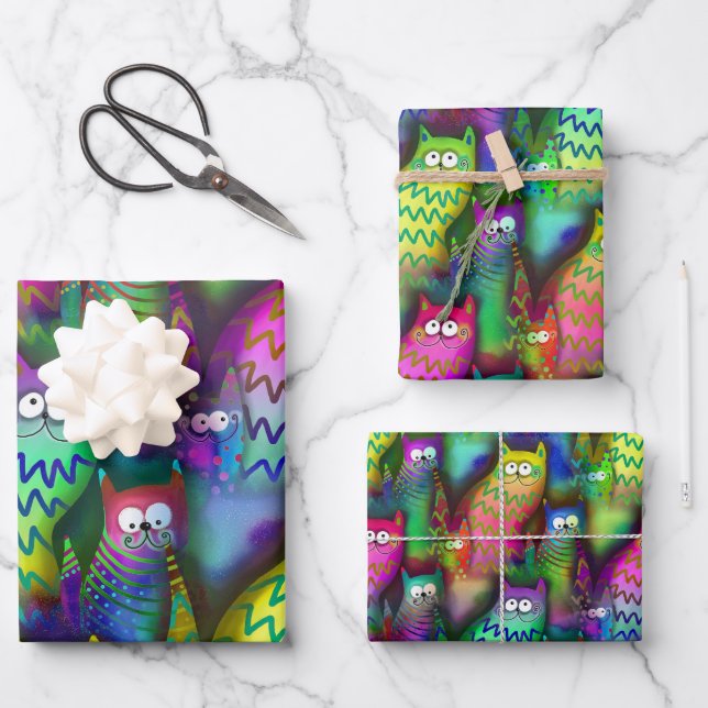 Colourful Graphic Art Cats with Grins 3 Gift Wrapping Paper Sheet (Front)