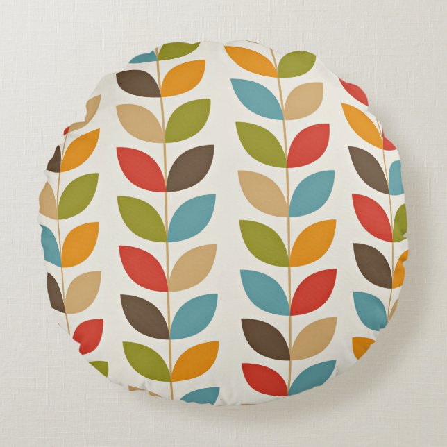 Colourful graphic leaves pattern round pillow (Front)