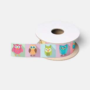 Colourful Graphic Owls Satin Ribbon