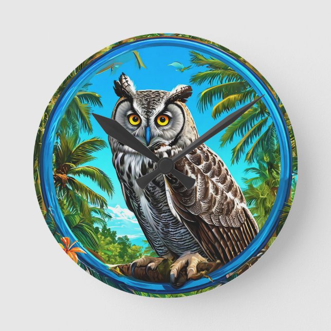 Colourful Great grey owl Bird Round Clock (Front)
