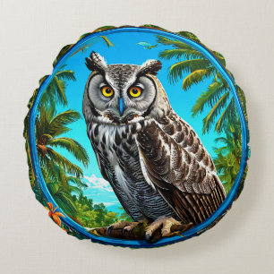 Colourful Great grey owl Bird Round Pillow