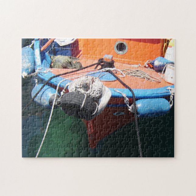 Colourful Greek Fishing Boat Docked in Harbour Jigsaw Puzzle (Horizontal)