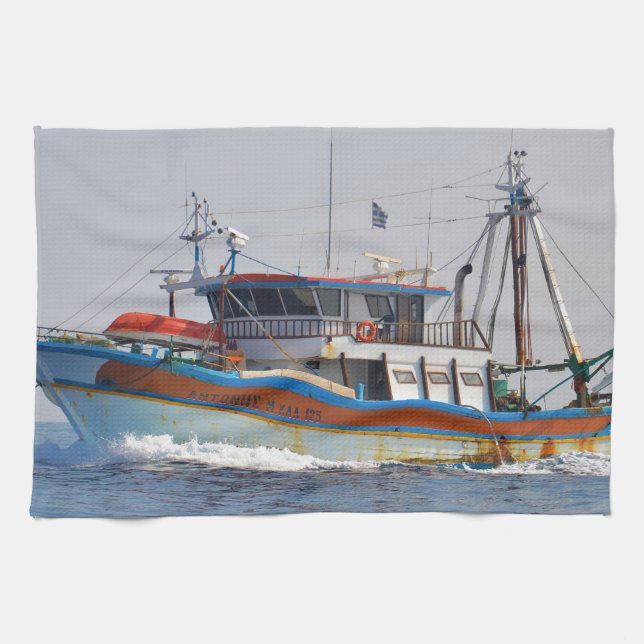 Colourful Greek Fishing Boat Kitchen Towel (Horizontal)