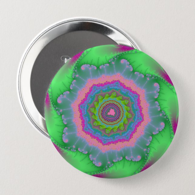 Colourful Green and Peach Fractal 4 Inch Round Button (Front & Back)
