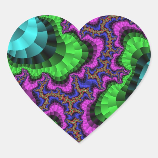 Colourful Green and Purple Fractal Heart Sticker (Front)