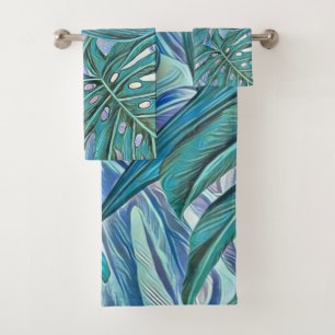 Colourful green blue tropical leaves watercolor bath towel set