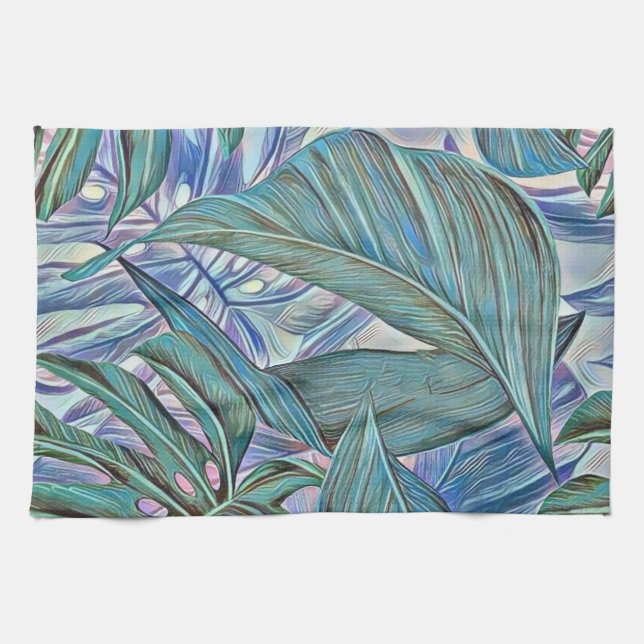 Colourful green blue tropical leaves watercolor kitchen towel (Horizontal)
