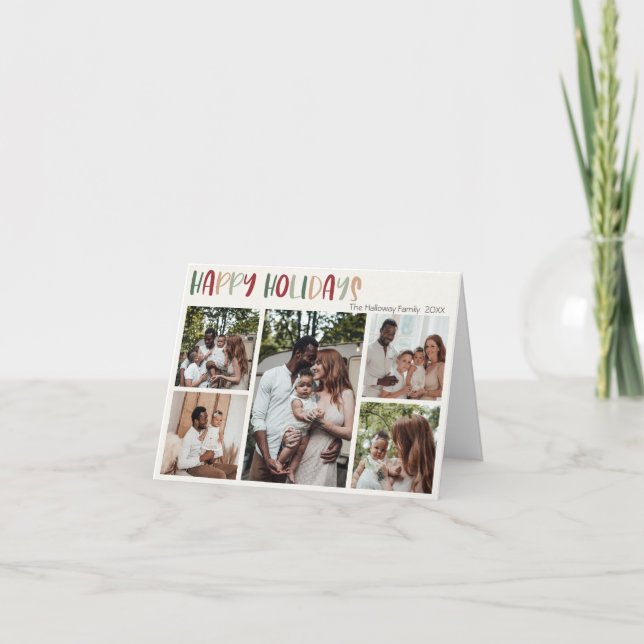 Colourful Green Happy Holidays Folded Five Photo Holiday Card (Front)