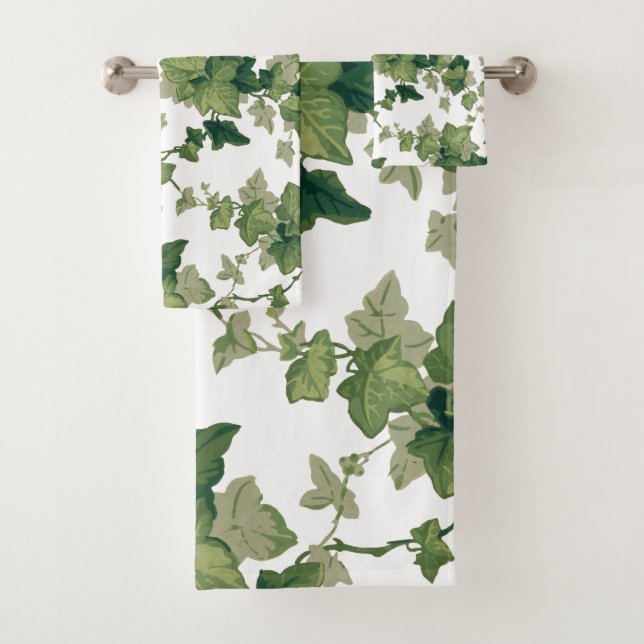 Colourful Green Ivy on White Background Bath Towel Set (Insitu)