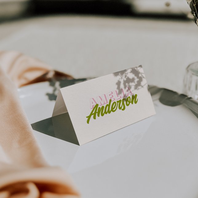 Colourful Green Pink Retro Funk Wedding Place Card (Creator Uploaded)